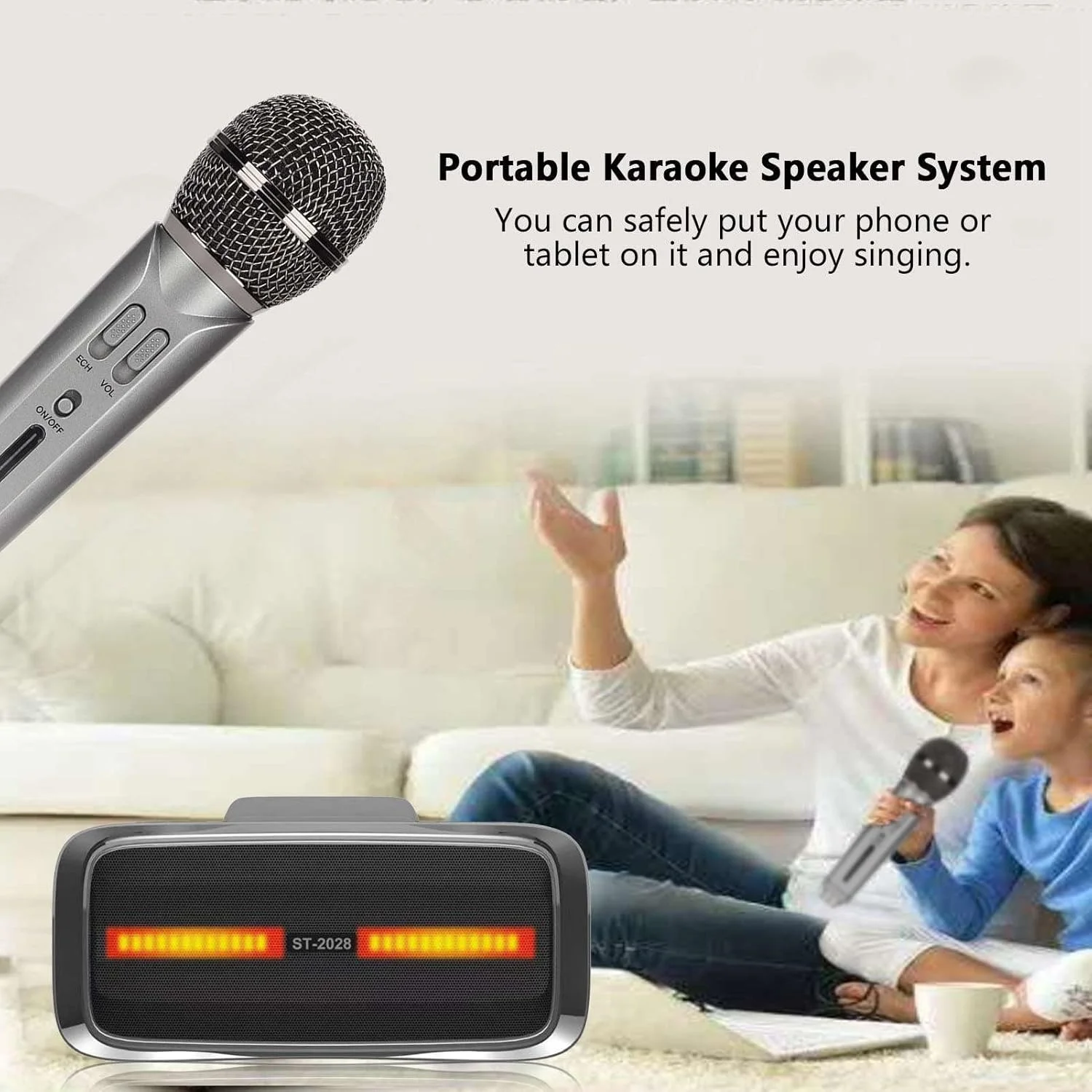 سیستم اسپیکر کارائوکه قابل حمل با بلوتوث و 2 میکروفون بی سیم، صدای قدرتمند برای مهمانی خانگی، عروسی، سخنرانی، نقره ای مشکی ST2028 سیستم اسپیکر کارائوکه قابل حمل با بلوتوث و 2 میکروفون بی سیم، صدای قدرتمند برای مهمانی خانگی، عروسی، سخنرانی، نقره ای مشکی ST2028