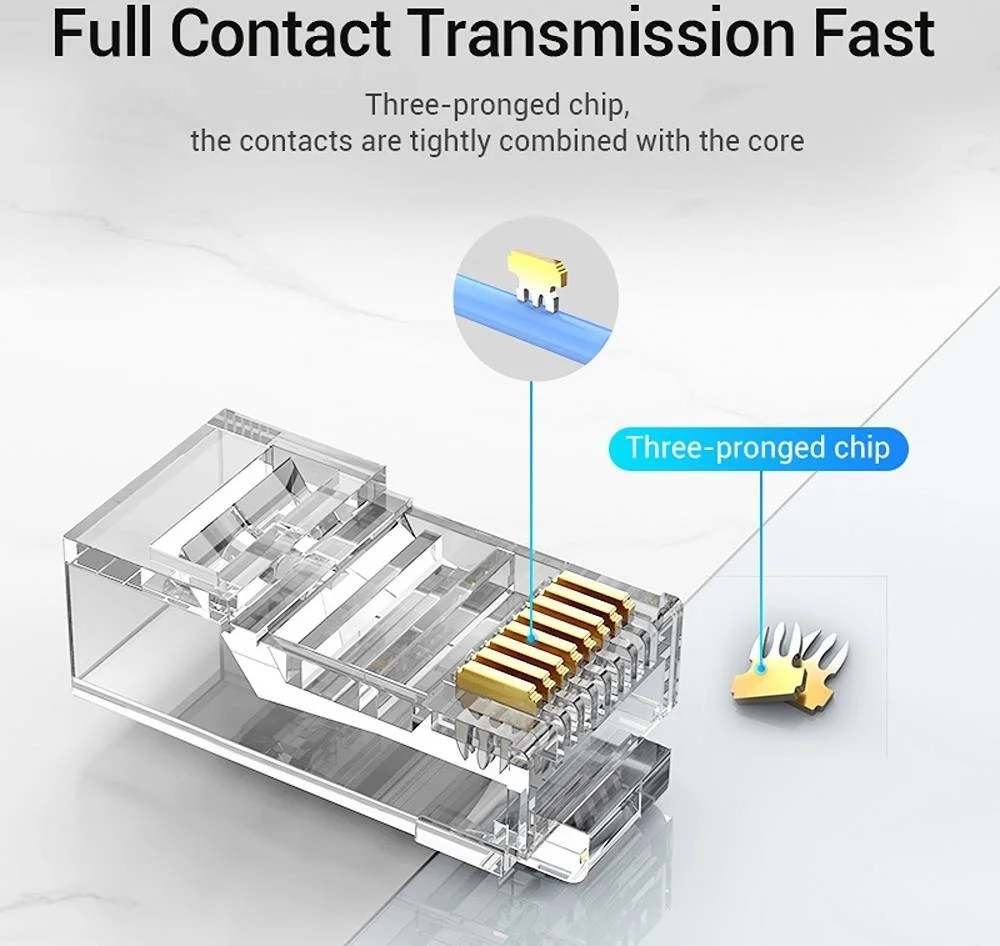کانکتور RJ45 Cat.6 UTP ونشن، شبکه پرسرعت، مقاوم در برابر زنگ زدگی، جنس PC با کیفیت بالا، تراشه سه شاخه، 100 عدد، شفاف | IDDR0-100