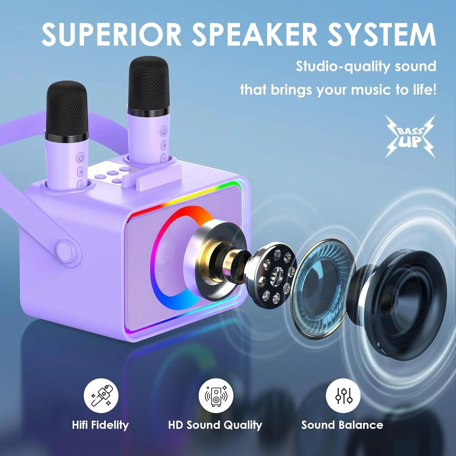 دستگاه کارائوکه، بلندگوی بلوتوث قابل حمل با 2 میکروفون بی سیم برای بزرگسالان و کودکان با چراغ های LED، میکروفون کارائوکه با سیستم PA از USB/TF/AUX پشتیبانی می کند، هدیه ای برای مهمانی (بنفش) دستگاه کارائوکه، بلندگوی بلوتوث قابل حمل با 2 میکروفون بی سیم برای بزرگسالان و کودکان با چراغ های LED، میکروفون کارائوکه با سیستم PA از USB/TF/AUX پشتیبانی می کند، هدیه ای برای مهمانی (بنفش)