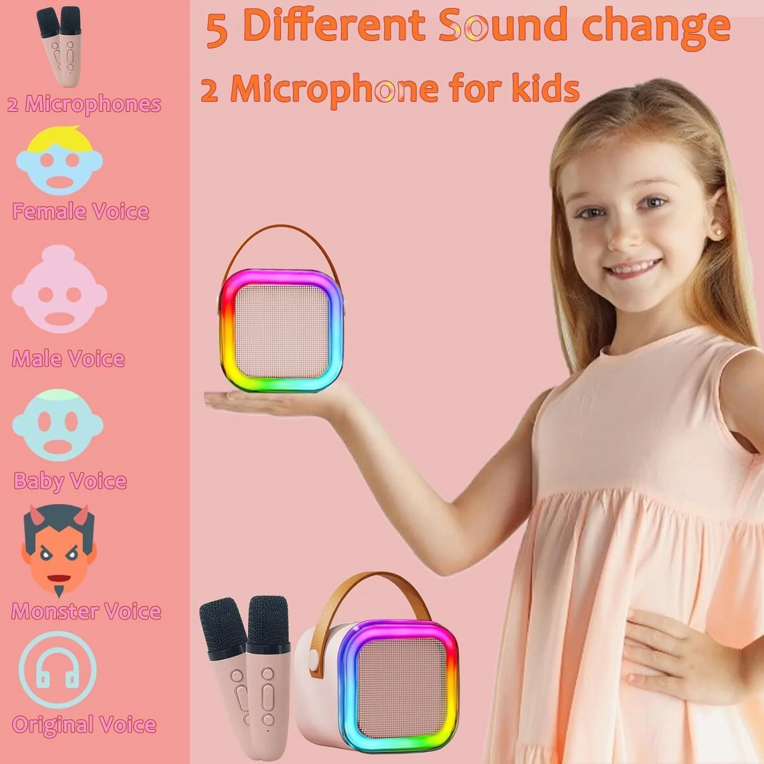 دستگاه کارائوکه مینی جدید برای کودکان، اسپیکر کارائوکه بلوتوث قابل حمل - 2 میکروفون بی سیم، اسباب بازی و هدیه تولد برای دختران 4، 5، 6، 7، 8، 9، 10، 12+ سال
