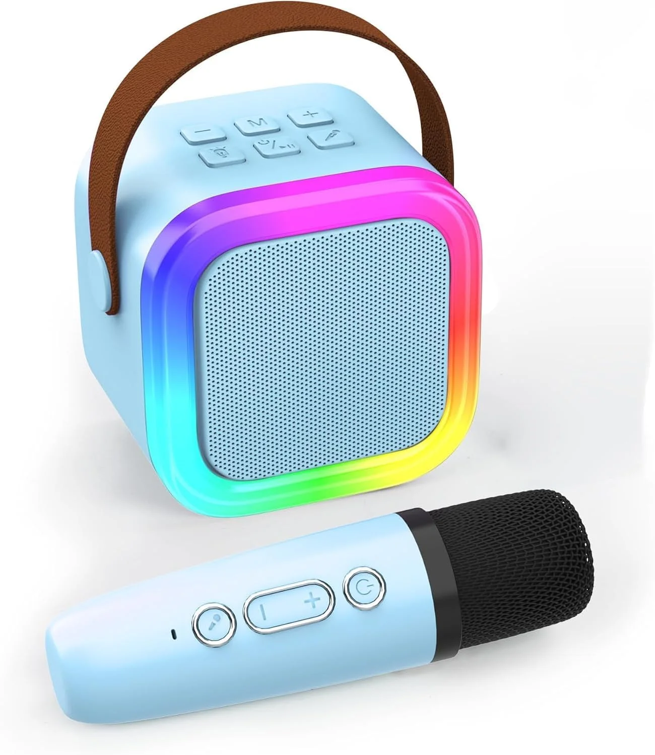 دستگاه کارائوکه قابل حمل بلوتوثی با یک میکروفون بی سیم و نورهای پویا، هدیه تولد، مناسب منزل، فضای باز و مسافرت (آبی)