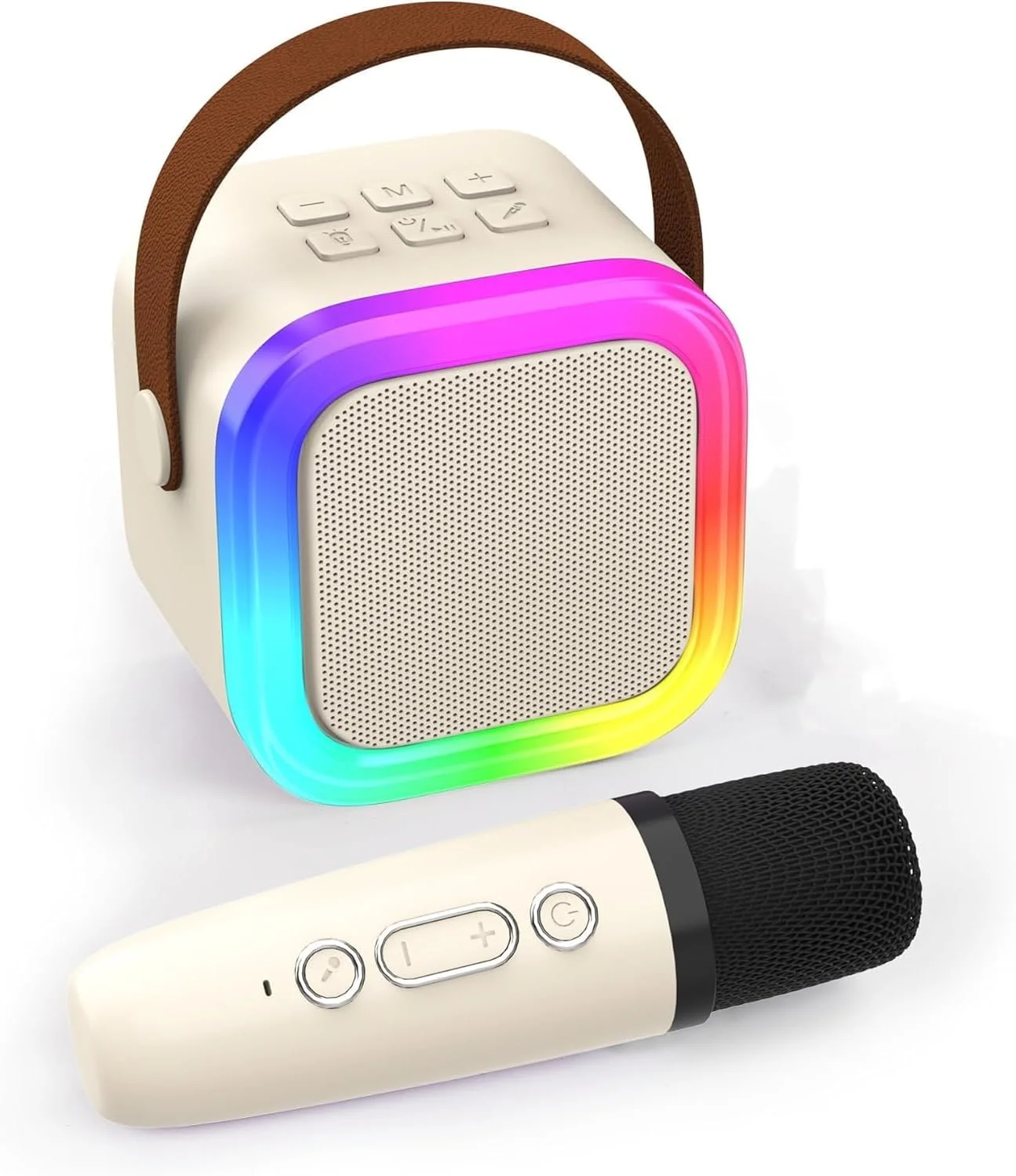 دستگاه کارائوکه قابل حمل بلوتوثی با یک میکروفون بی سیم و نورهای پویا، هدیه تولد، مناسب منزل، فضای باز و مسافرت (سفید)