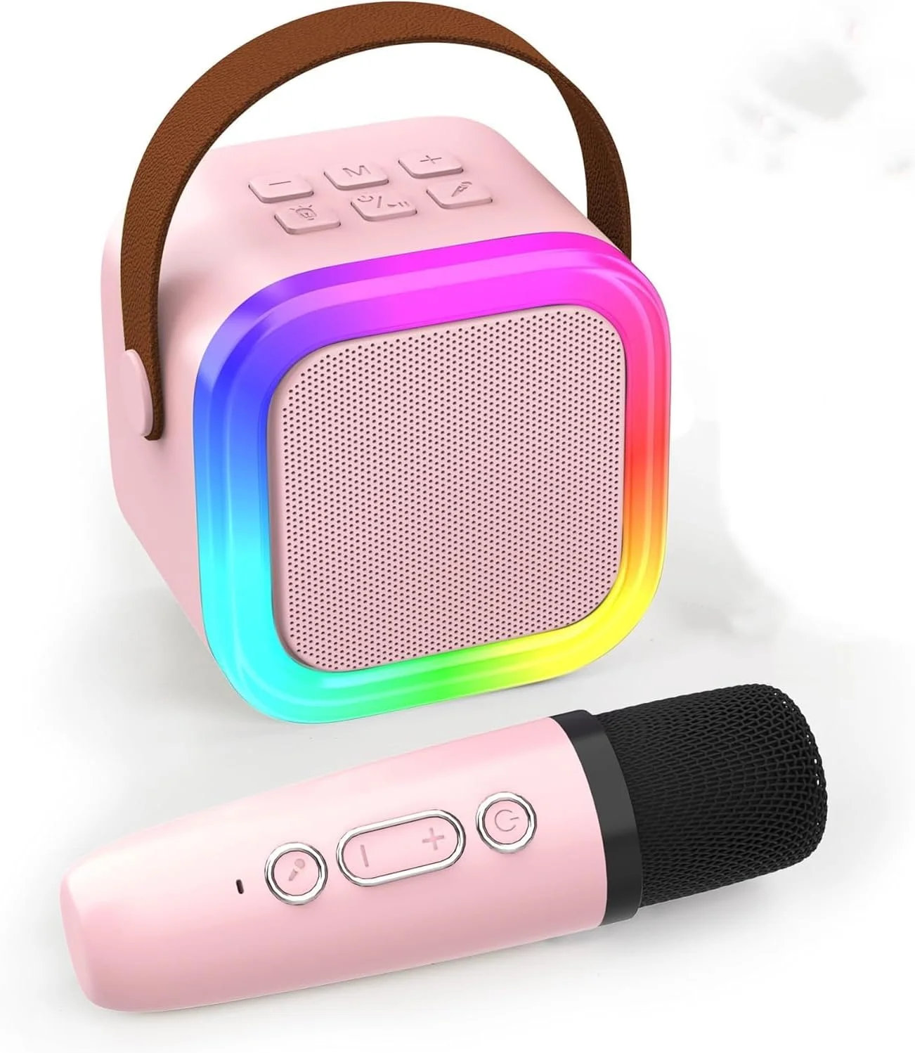 دستگاه کارائوکه قابل حمل بلوتوثی برای کودکان و بزرگسالان، مینی اسپیکر کارائوکه با 1 میکروفون بی سیم و نورهای پویا، هدیه تولد، مناسب منزل، فضای باز و مسافرت (صورتی)