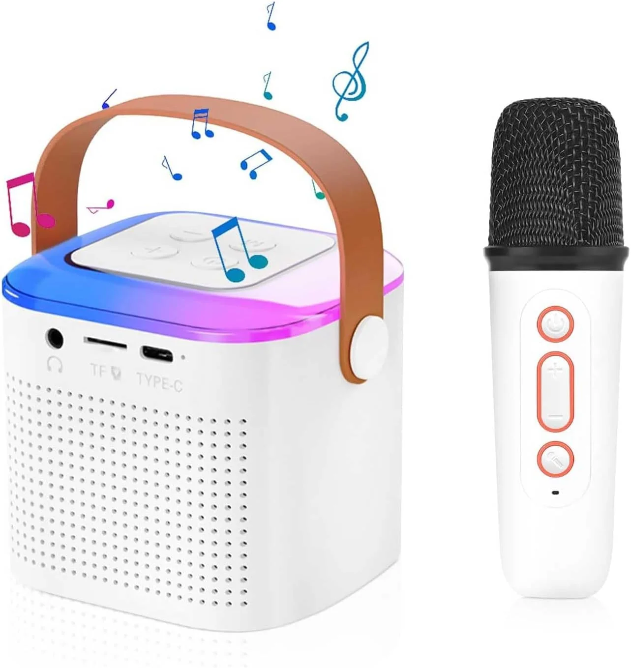 اسپیکر کارائوکه بلوتوثی کوچک قابل حمل با میکروفون بی‌سیم، جلوه‌های تغییر صدا و نورهای پویا، مناسب مهمانی‌های خانگی و هدیه تولد