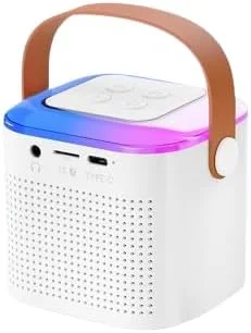 اسپیکر کارائوکه بلوتوثی کوچک قابل حمل با میکروفون بی‌سیم، جلوه‌های تغییر صدا و نورهای پویا، مناسب مهمانی‌های خانگی و هدیه تولد