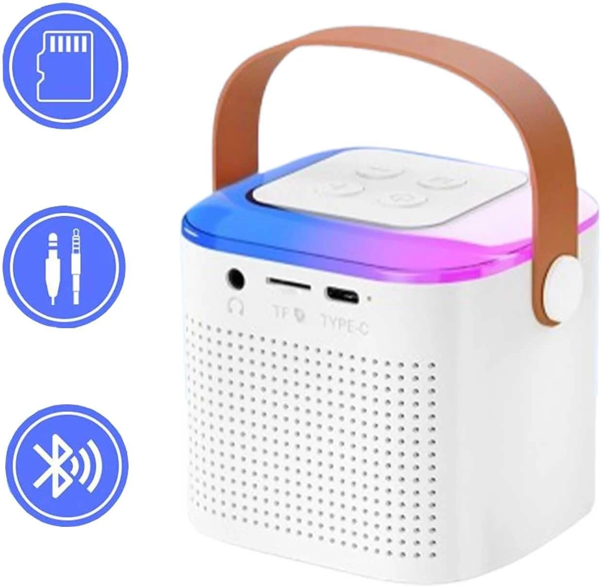 اسپیکر کارائوکه بلوتوثی کوچک قابل حمل با میکروفون بی‌سیم، جلوه‌های تغییر صدا و نورهای پویا، مناسب مهمانی‌های خانگی و هدیه تولد