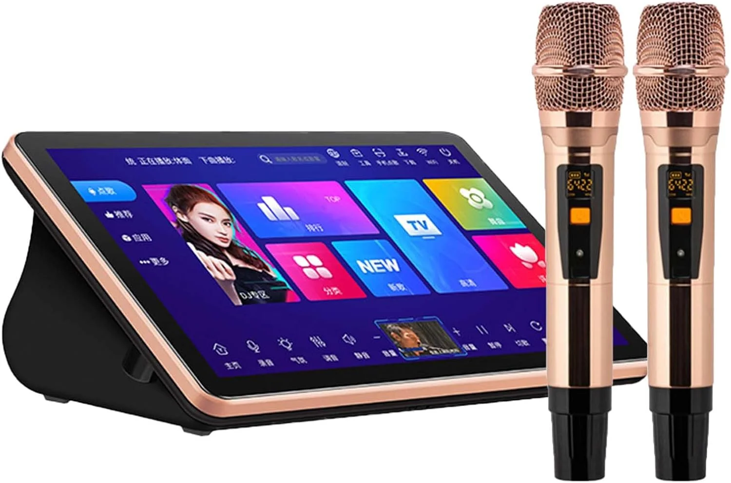 دستگاه کارائوکه قابل حمل، صفحه نمایش لمسی 18.5 اینچی، 500 گیگابایت، با میکروفون بی سیم و ریورب، آمپلی فایر قدرت، پشتیبانی از وای فای بی سیم و شبکه سیمی، چند زبانه، 1 ترابایت