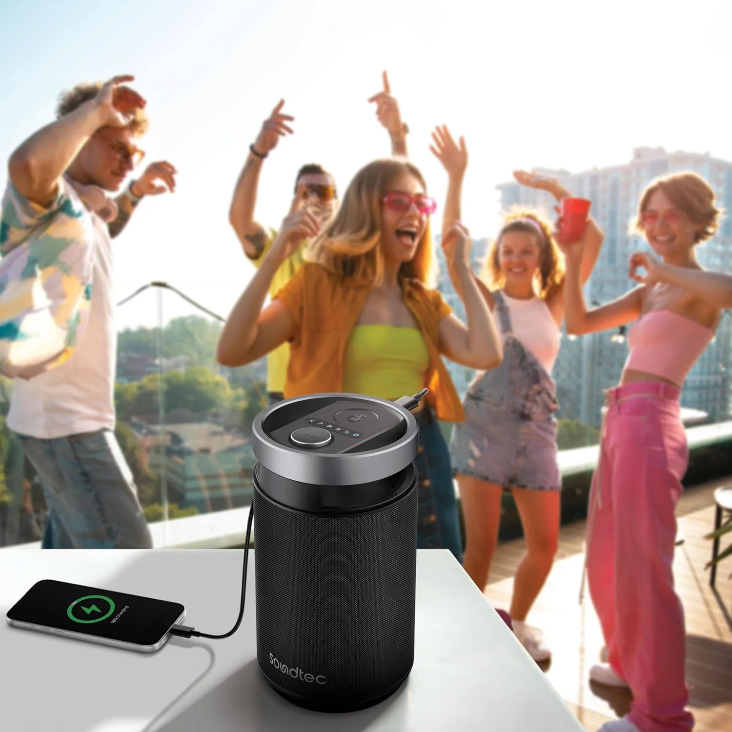 اسپیکر کارائوکه قابل حمل Porodo Soundtec Tieso، IPX5، BT V5.3، صدای فراگیر 360 درجه، باتری 7000 میلی آمپر ساعتی، تا 10 ساعت پخش، اکولایزر چند باندی، پورت میکروفون، شامل میکروفون - مشکی