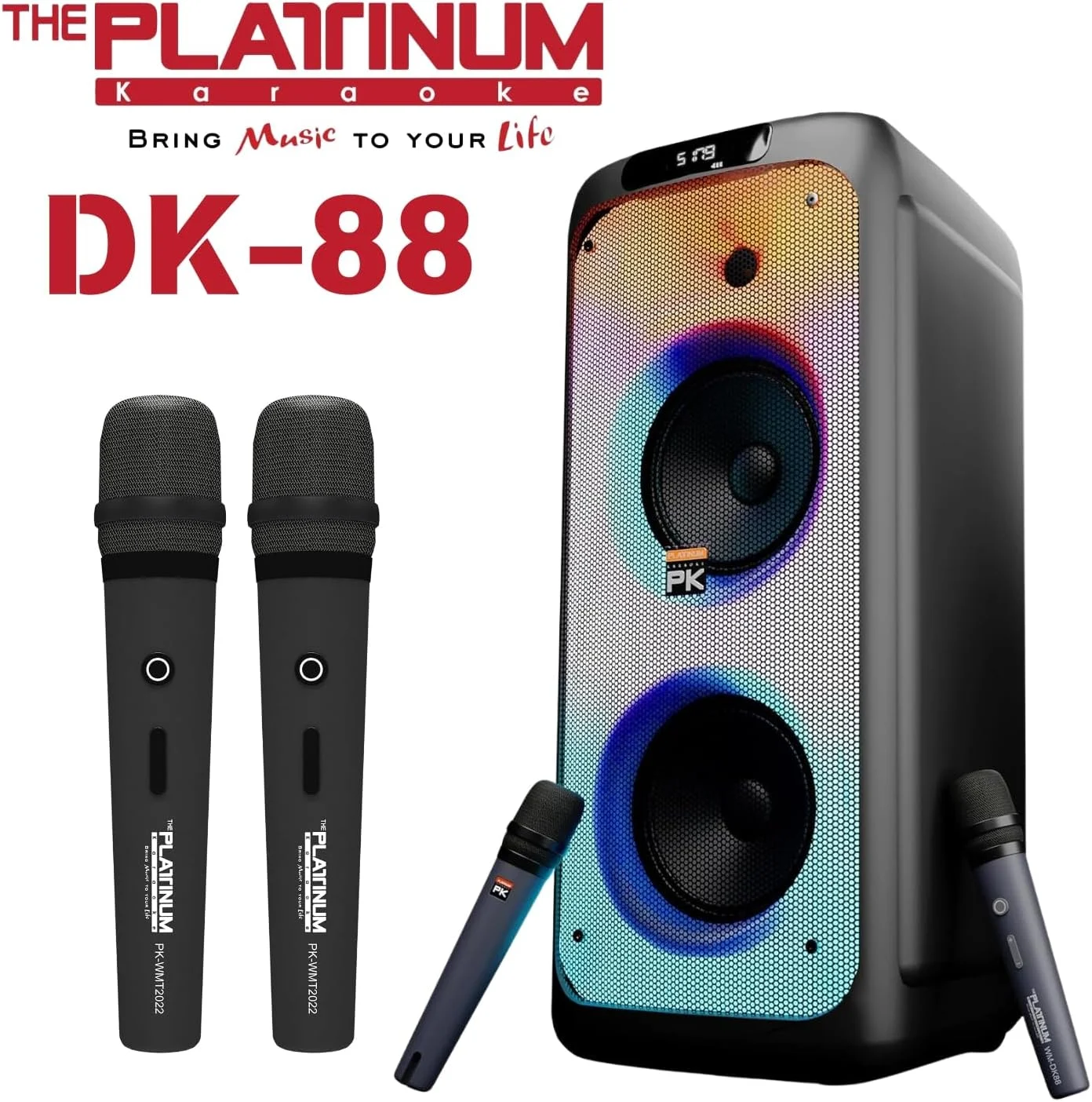 اسپیکر کارائوکه مهمانی پلاتینیوم مدل DK-88 Duo به همراه 2 میکروفون بی سیم و کتابخانه 20 هزار آهنگ (انگلیسی و فیلیپینی OPM تاگالوگ)، بلوتوث، USB، میکرو SD، AUX