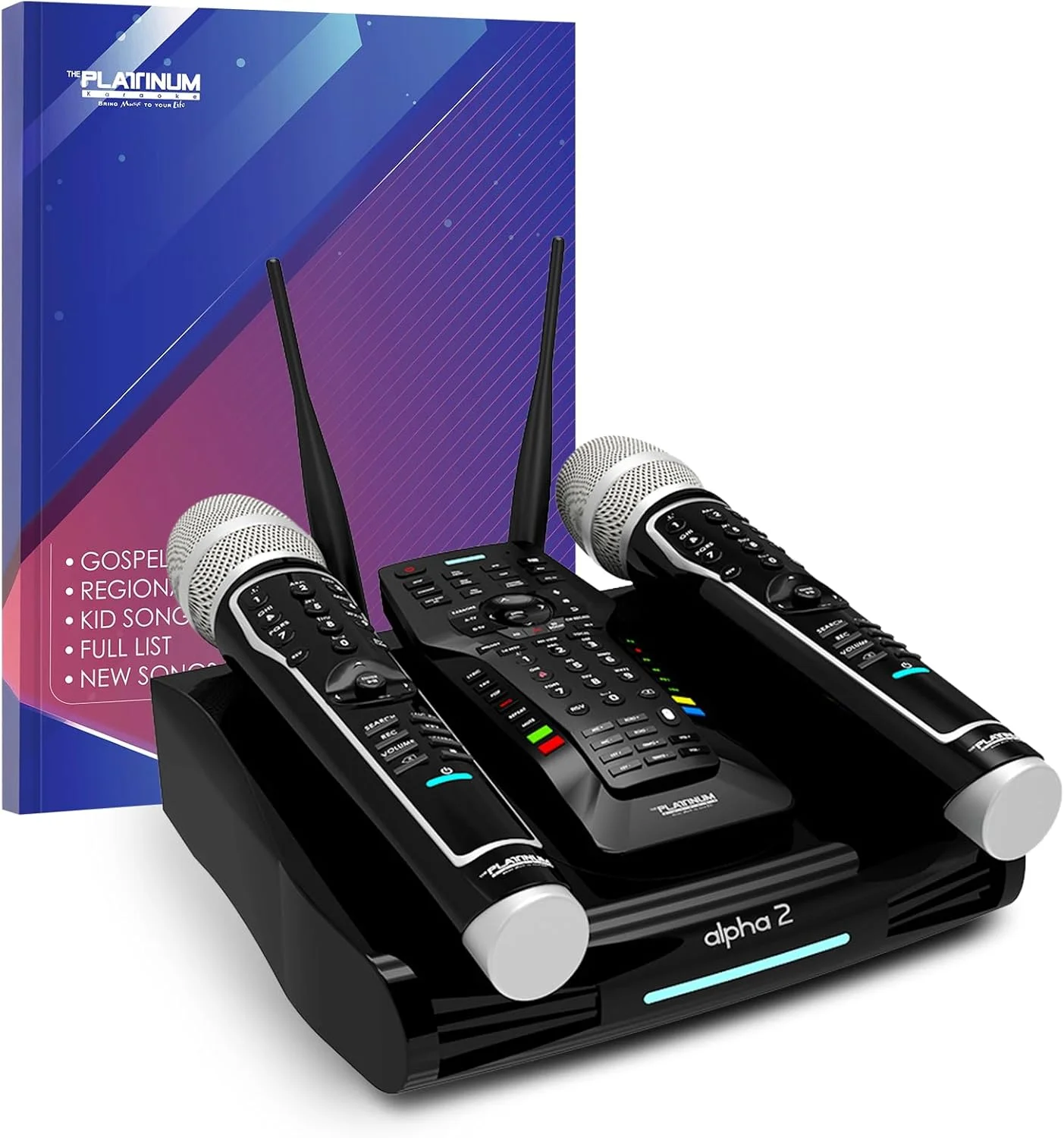 سیستم کارائوکه پلاتینیوم دارای دو میکروفون بی‌سیم فلزی UHF، پشتیبانی از پخش فیلم 4K UHD و دارای بیش از 23 هزار آهنگ از پیش بارگذاری شده، 7 هزار آهنگ فیلیپینی تاگالوگ، 4 هزار آهنگ هندی و 12 هزار آهنگ انگلیسی