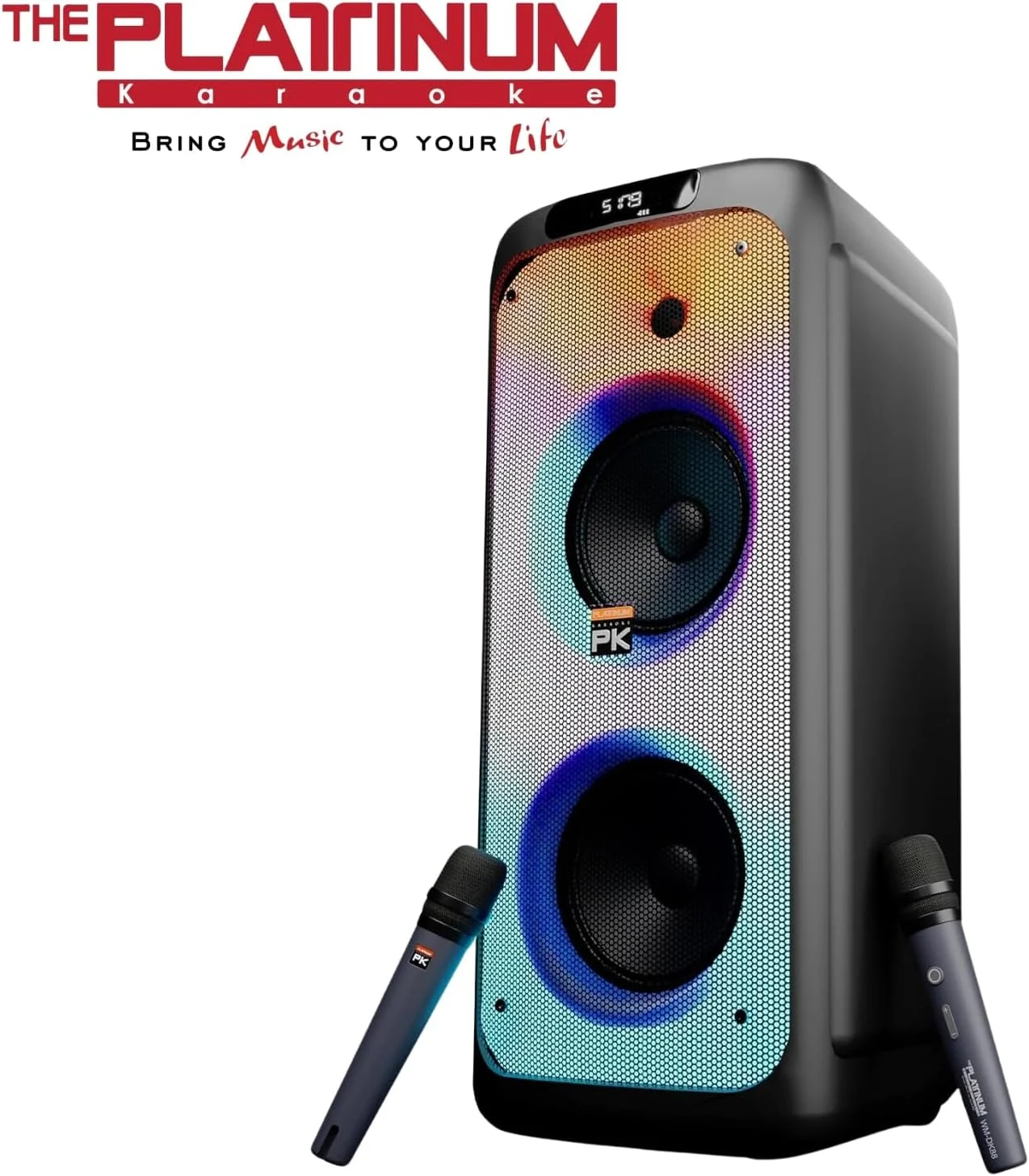 اسپیکر کارائوکه مهمانی پلاتینیوم مدل DK-88 Duo به همراه 2 میکروفون بی سیم و کتابخانه 20 هزار آهنگ (انگلیسی و فیلیپینی OPM تاگالوگ)، بلوتوث، USB، میکرو SD، AUX