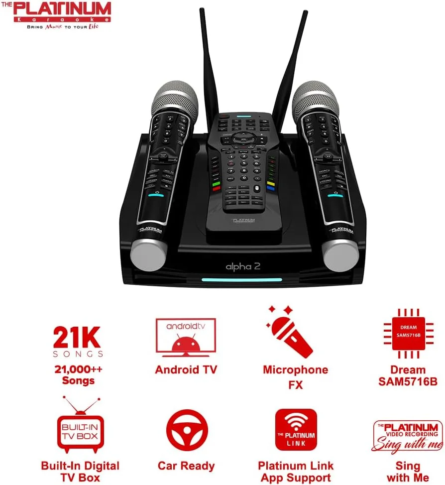 سیستم کارائوکه پلاتینیوم دارای دو میکروفون بی‌سیم فلزی UHF، پشتیبانی از پخش فیلم 4K UHD و دارای بیش از 23 هزار آهنگ از پیش بارگذاری شده، 7 هزار آهنگ فیلیپینی تاگالوگ، 4 هزار آهنگ هندی و 12 هزار آهنگ انگلیسی