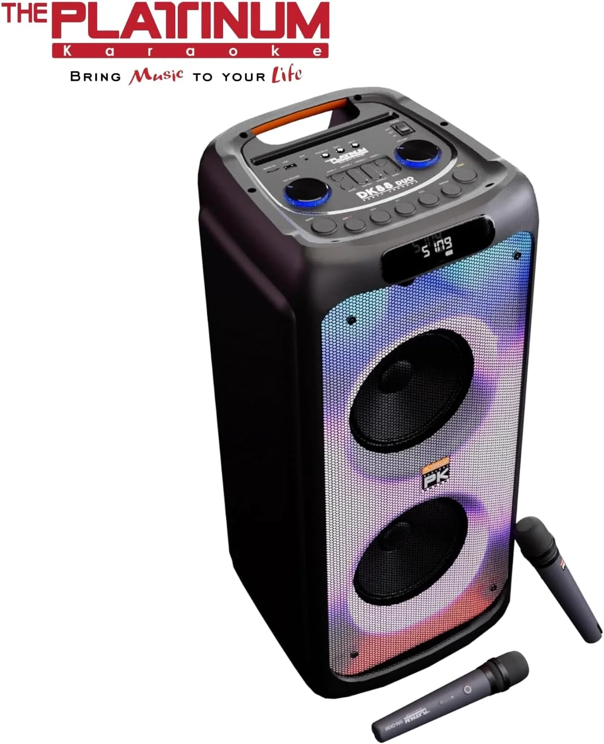 اسپیکر کارائوکه مهمانی پلاتینیوم مدل DK-88 Duo به همراه 2 میکروفون بی سیم و کتابخانه 20 هزار آهنگ (انگلیسی و فیلیپینی OPM تاگالوگ)، بلوتوث، USB، میکرو SD، AUX