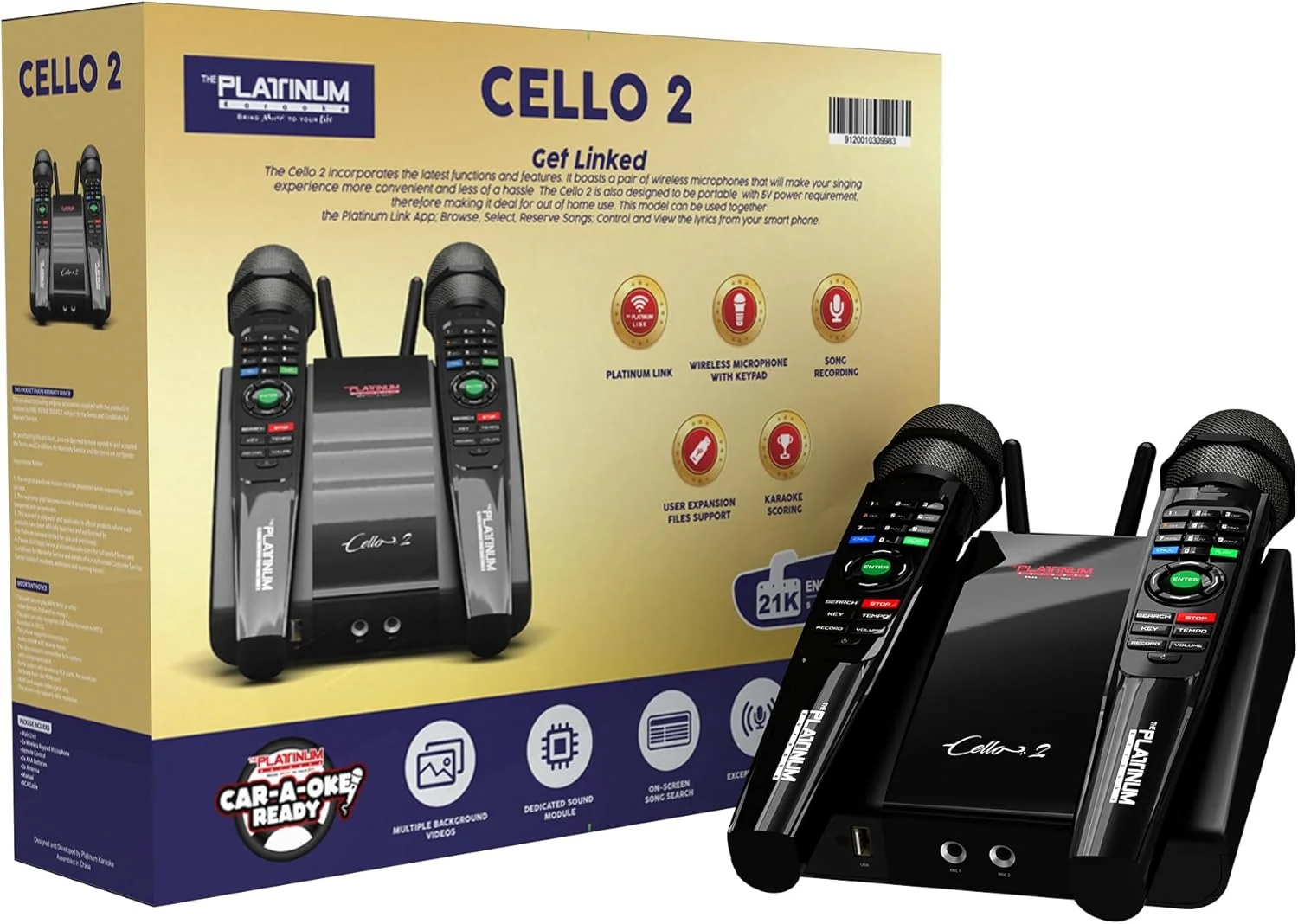 دستگاه کارائوکه پلاتینیوم ویولن سل V2 به همراه 2 میکروفون UHF با صفحه کلید و بیش از 23000 آهنگ به زبان های مختلف فیلیپینی، انگلیسی و هندی، دارای ورودی کمکی