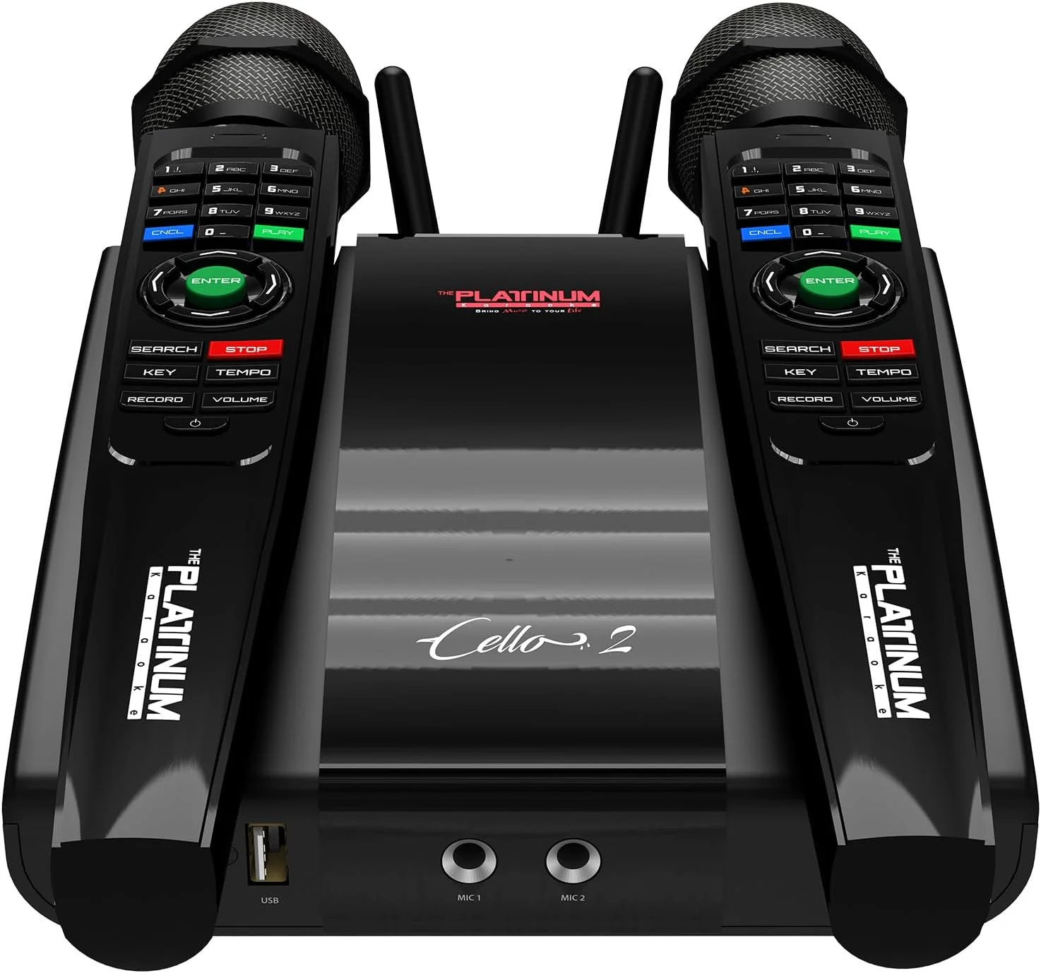 دستگاه کارائوکه پلاتینیوم ویولن سل V2 به همراه 2 میکروفون UHF با صفحه کلید و بیش از 23000 آهنگ به زبان های مختلف فیلیپینی، انگلیسی و هندی، دارای ورودی کمکی