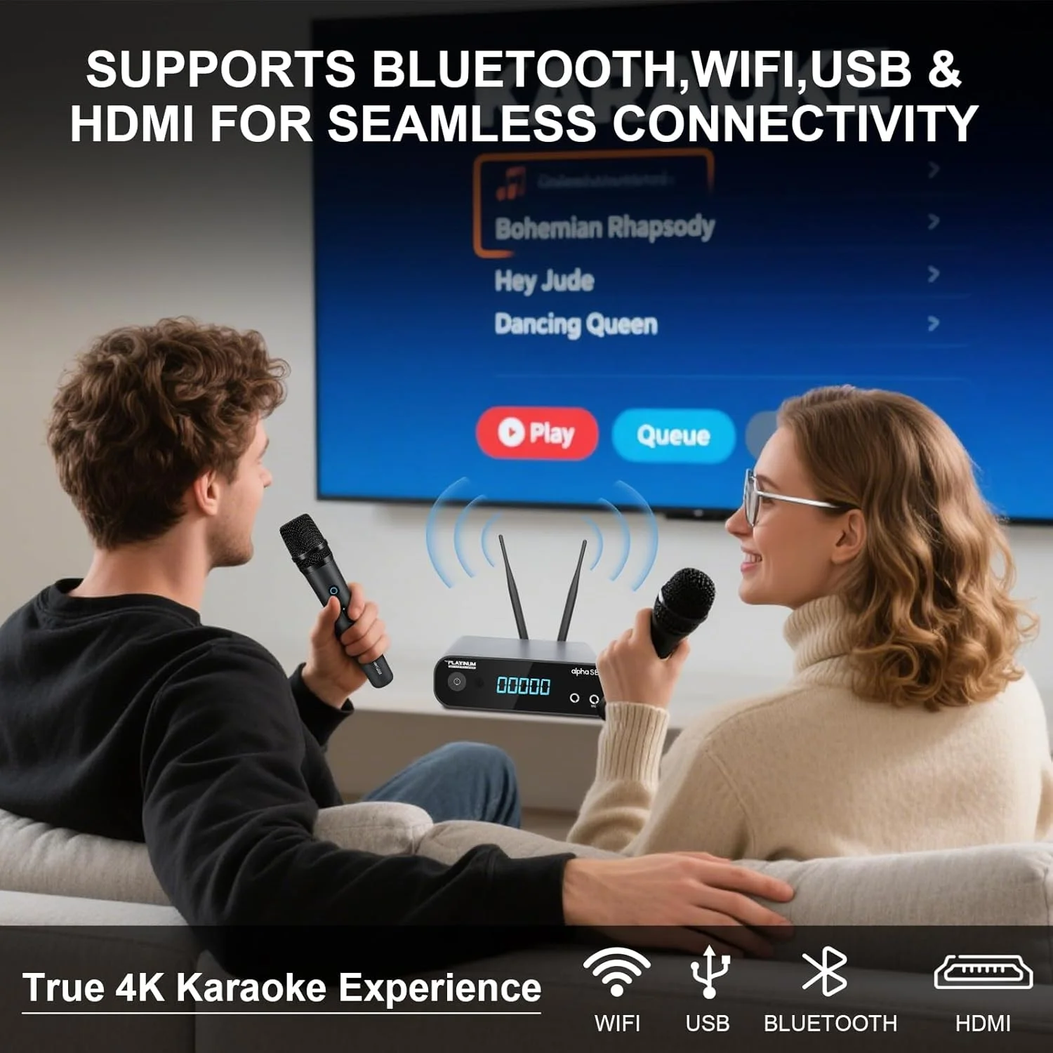 دستگاه کارائوکه حرفه ای پلاتینیوم آلفا SE برای بزرگسالان، 2 میکروفون بی سیم UHF، خروجی HDMI، ویدیوی 4K UHD، پشتیبانی از برنامه/یوتیوب، 23K+ آهنگ شامل انگلیسی/تاگالوگ/هندی، سیستم کارائوکه هوشمند