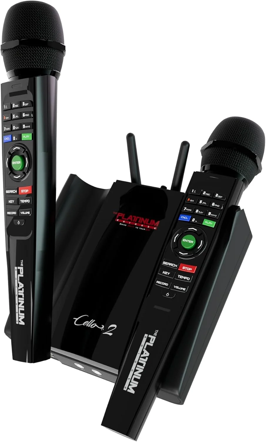 دستگاه کارائوکه پلاتینیوم ویولن سل V2 به همراه 2 میکروفون UHF با صفحه کلید و بیش از 23000 آهنگ به زبان های مختلف فیلیپینی، انگلیسی و هندی، دارای ورودی کمکی