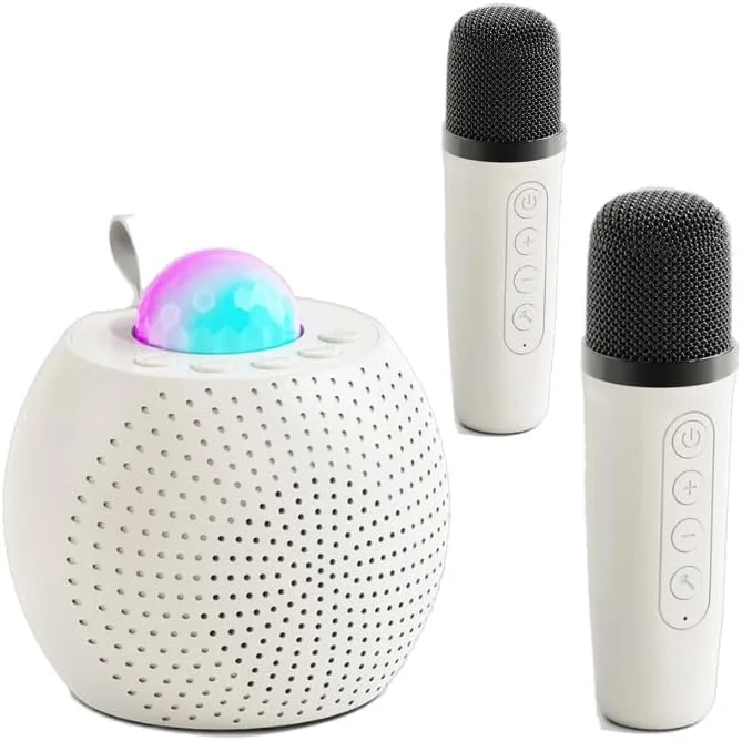 دستگاه کارائوکه کوچک با دو میکروفون بی سیم، بلوتوث و چراغ های LED، مناسب برای کودکان و بزرگسالان، سفید، شارژ USB-C