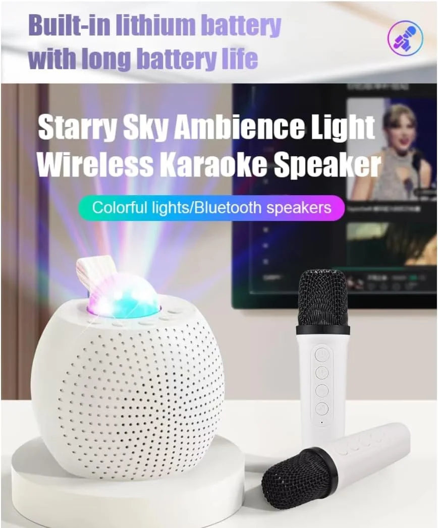 دستگاه کارائوکه کوچک با دو میکروفون بی سیم، بلوتوث و چراغ های LED، مناسب برای کودکان و بزرگسالان، سفید، شارژ USB-C