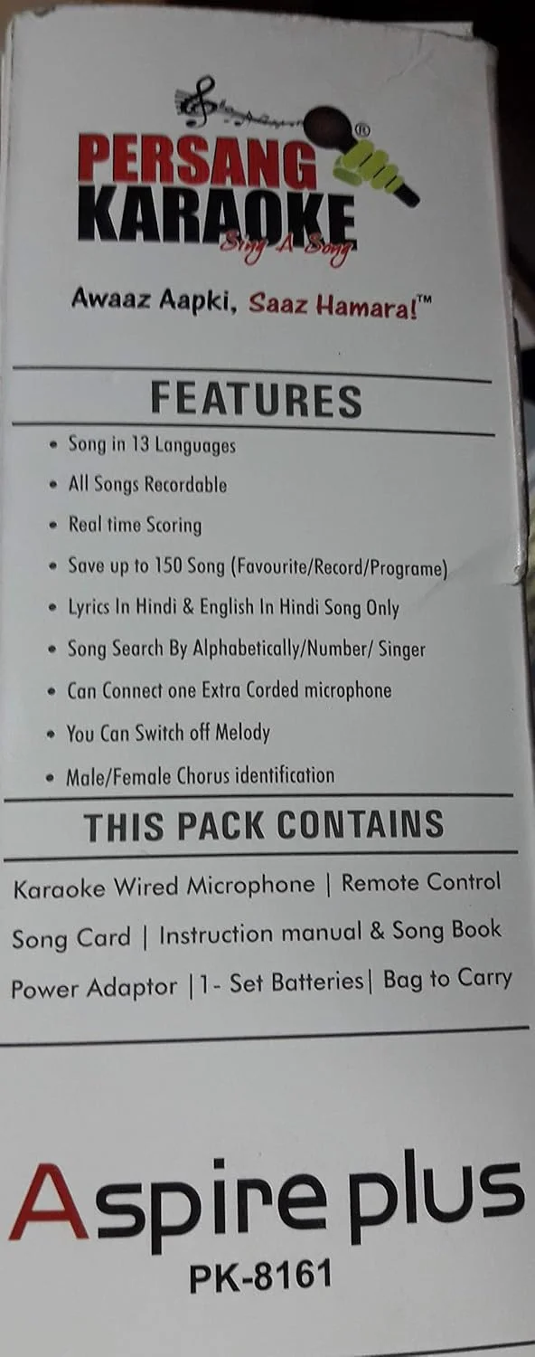 سیستم کارائوکه PERSANG Aspire Plus - دارای 4401 آهنگ کارائوکه به 6 زبان مختلف با امتیازدهی همزمان | قابلیت ضبط صدا | اتصال آسان به تلویزیون | تنظیم زیر و بم، گام (مقیاس) و کنترل اکو