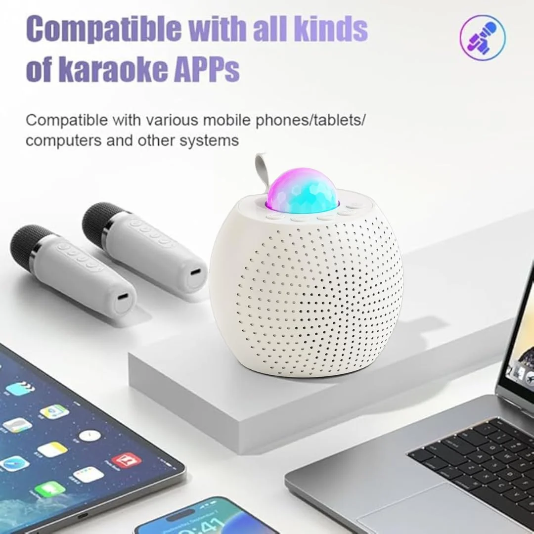 دستگاه کارائوکه کوچک با دو میکروفون بی سیم، بلوتوث و چراغ های LED، مناسب برای کودکان و بزرگسالان، سفید، شارژ USB-C