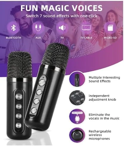 دستگاه کارائوکه قابل حمل بلوتوثی برای تلویزیون، همراه با 2 میکروفون بی سیم