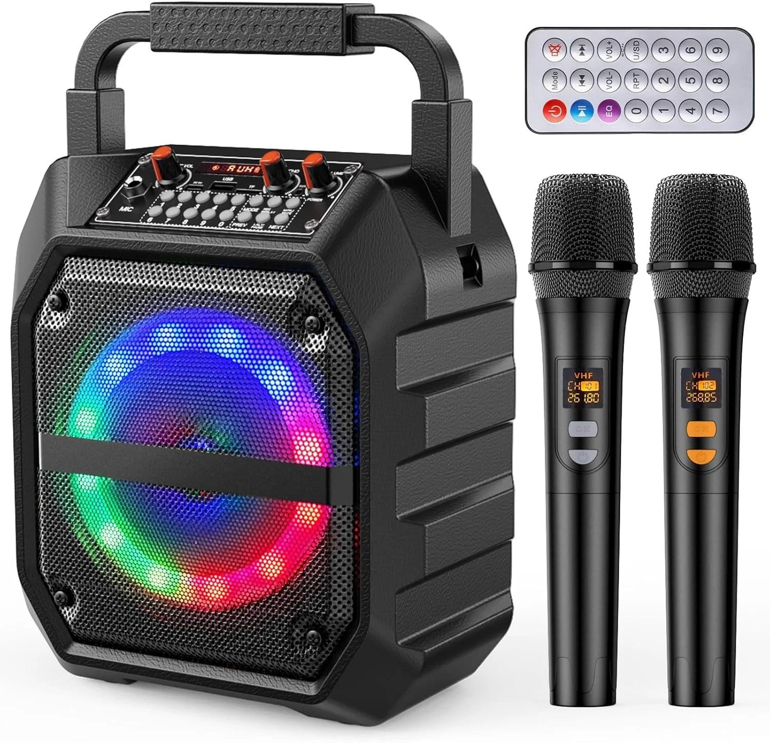 دستگاه کارائوکه با دو میکروفون بی سیم، بلندگوی بلوتوث قابل حمل با چراغ های LED، سیستم PA، پشتیبانی از کارت TF/USB برای بزرگسالان و کودکان، برای دختران پسران خانواده ها مهمانی خانگی (مشکی تیره)