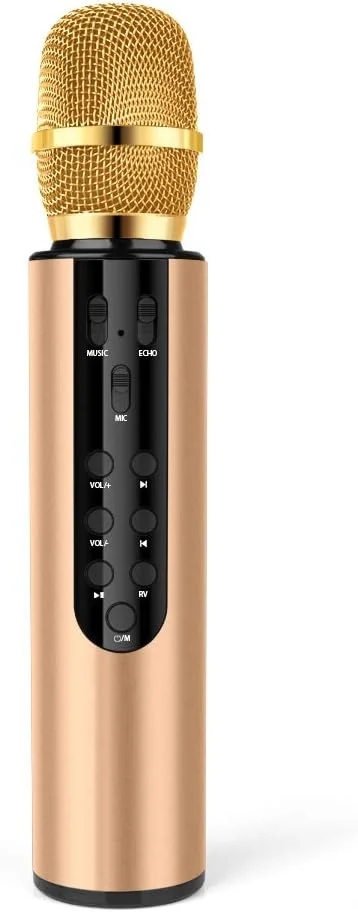 میکروفون کارائوکه بی‌سیم بلوتوثی، میکروفون دستی قابل حمل 4 در 1 با کارت صدای داخلی برای مهمانی‌های خانگی، مسافرت، ضبط موسیقی (طلایی)