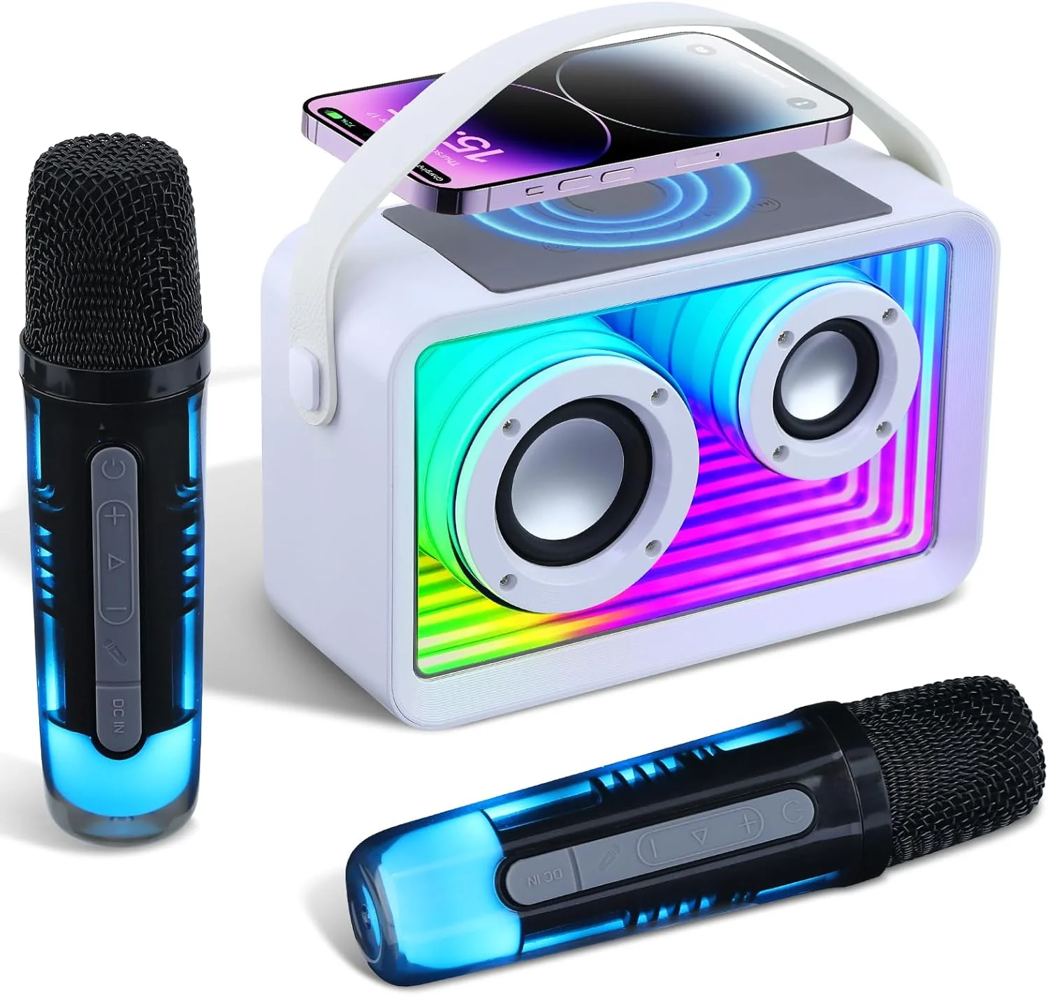 دستگاه کارائوکه کوچک - اسپیکر کارائوکه قابل حمل بلوتوث با 2 عدد میکروفون بی سیم (سفید)