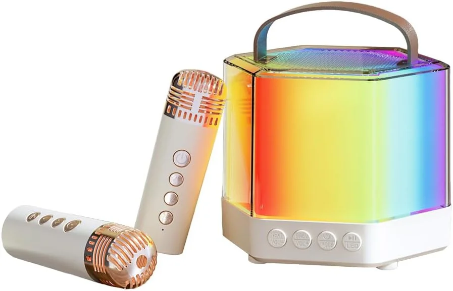 دستگاه کارائوکه OUNA، ست میکروفون و اسپیکر بی‌سیم کارائوکه با 2 میکروفون، نور رنگی RGB، میکروفون دستی، هدیه برای جشن تولد، مهمانی، میز، فضای باز، سیستم کارائوکه قابل حمل با میکروفون دوگانه