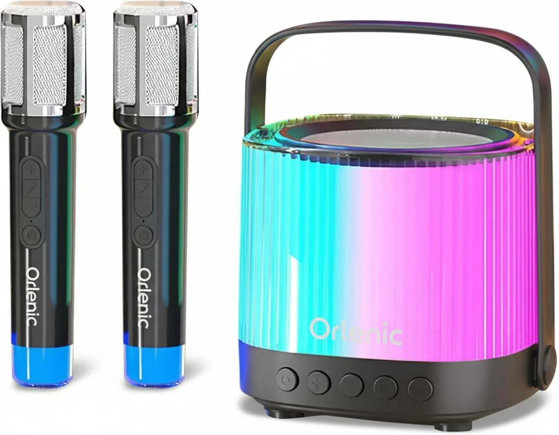 دستگاه کارائوکه قابل حمل با 2 میکروفون بی سیم، اسپیکر مهمانی بلوتوثی با چراغ های RGB، سیستم کارائوکه خانگی برای کودکان، بزرگسالان، دختران، پسران، جشن تولد (مشکی)