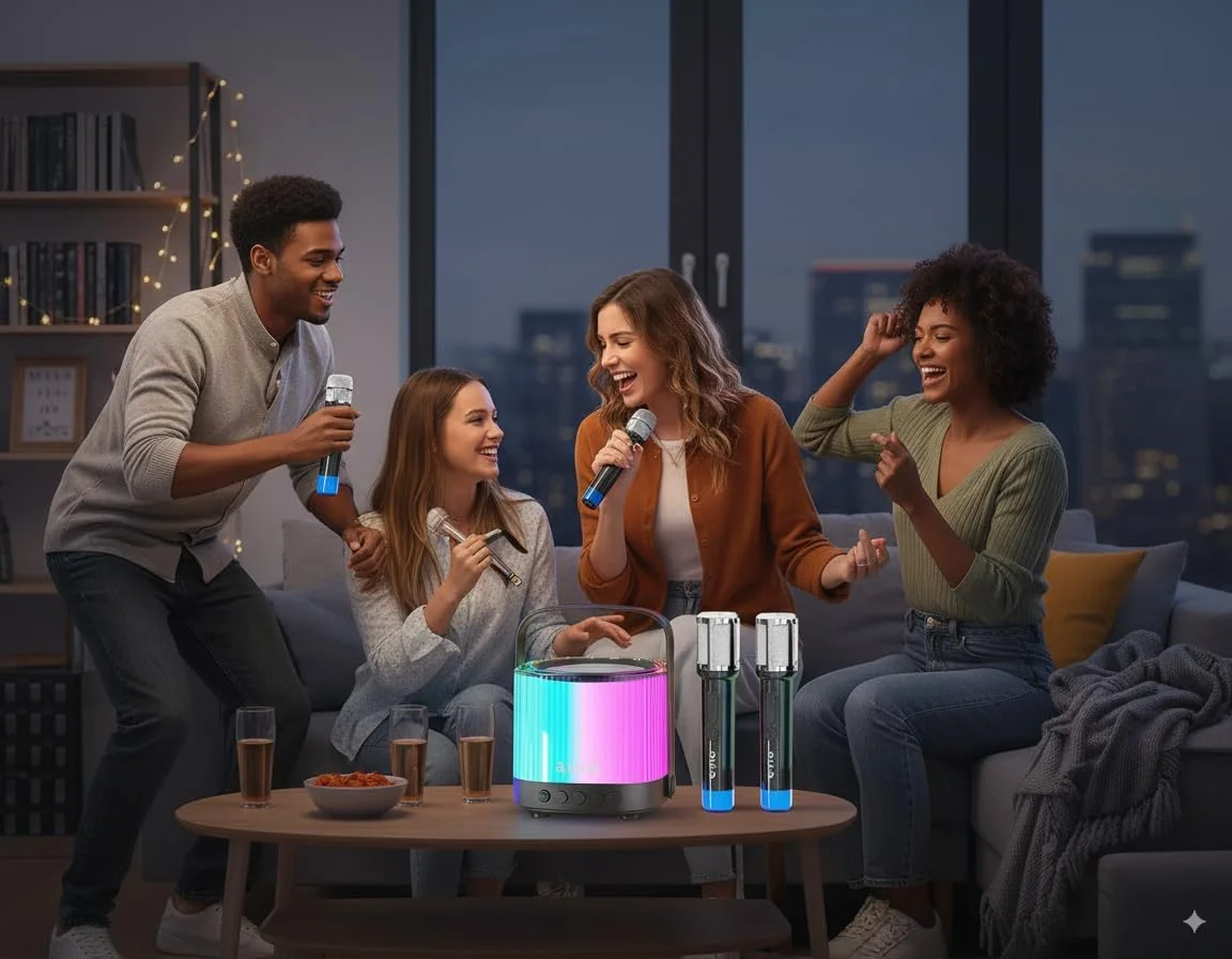 دستگاه کارائوکه قابل حمل با 2 میکروفون بی سیم، اسپیکر مهمانی بلوتوثی با چراغ های RGB، سیستم کارائوکه خانگی برای کودکان، بزرگسالان، دختران، پسران، جشن تولد (مشکی)