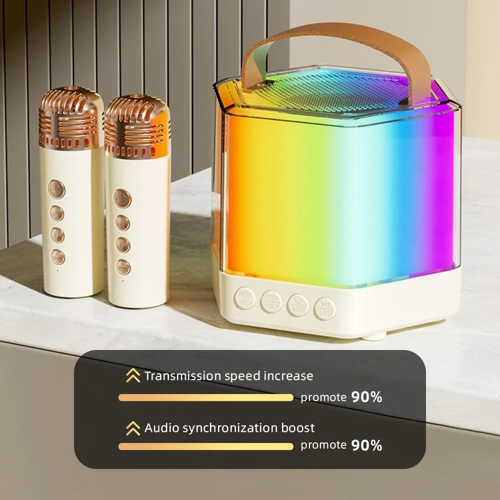 دستگاه کارائوکه OUNA، ست میکروفون و اسپیکر بی‌سیم کارائوکه با 2 میکروفون، نور رنگی RGB، میکروفون دستی، هدیه برای جشن تولد، مهمانی، میز، فضای باز، سیستم کارائوکه قابل حمل با میکروفون دوگانه