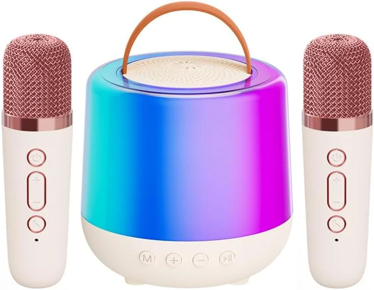 دستگاه کارائوکه OUNA، مجموعه میکروفون و بلندگوی بی‌سیم کارائوکه با 2 میکروفون، مجموعه KTV خانگی با نور رنگی LED، میکروفون دستی، بلندگوی کارائوکه قابل حمل، هدیه برای جشن تولد، مهمانی، میز کار، فضای باز