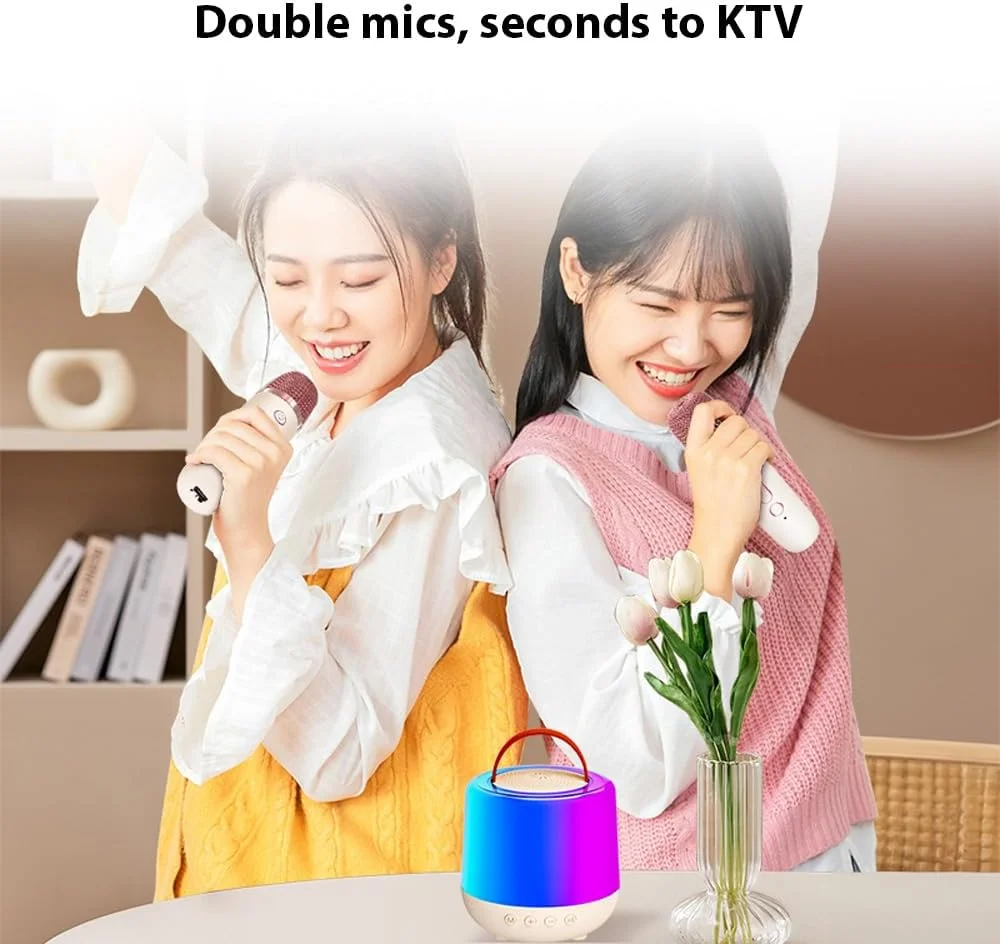 دستگاه کارائوکه OUNA، مجموعه میکروفون و بلندگوی بی‌سیم کارائوکه با 2 میکروفون، مجموعه KTV خانگی با نور رنگی LED، میکروفون دستی، بلندگوی کارائوکه قابل حمل، هدیه برای جشن تولد، مهمانی، میز کار، فضای باز