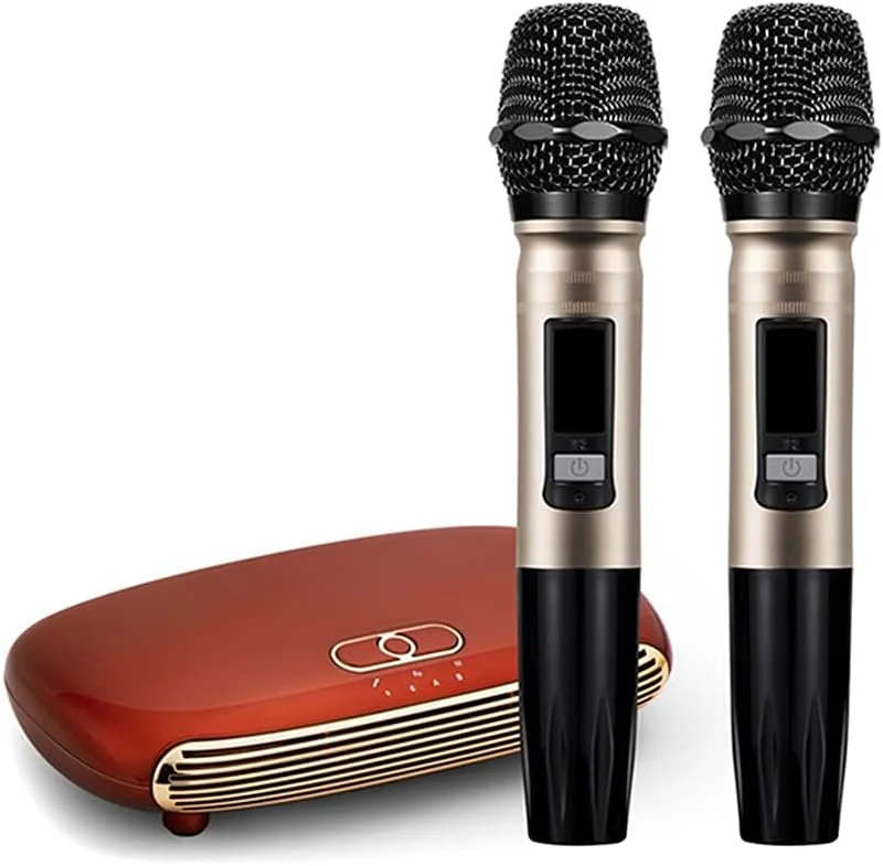 ست کارائوکه بلوتوث بی‌سیم Obery با دو میکروفون بلوتوث بی‌سیم برای تلویزیون هوشمند/ستاپ باکس/کامپیوتر/تلفن هوشمند جعبه کارائوکه قرمز دوشاخه EU