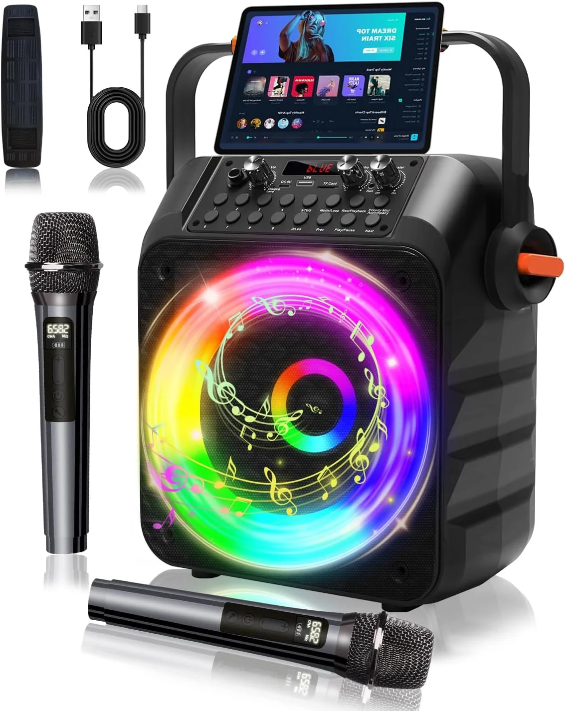 دستگاه کارائوکه امیو با 2 میکروفون - اسپیکر قابل حمل با سیستم PA، پشتیبانی از TWS/FM/AUX/USB/TF/REC برای مهمانی، تولد، خانه (نارنجی)