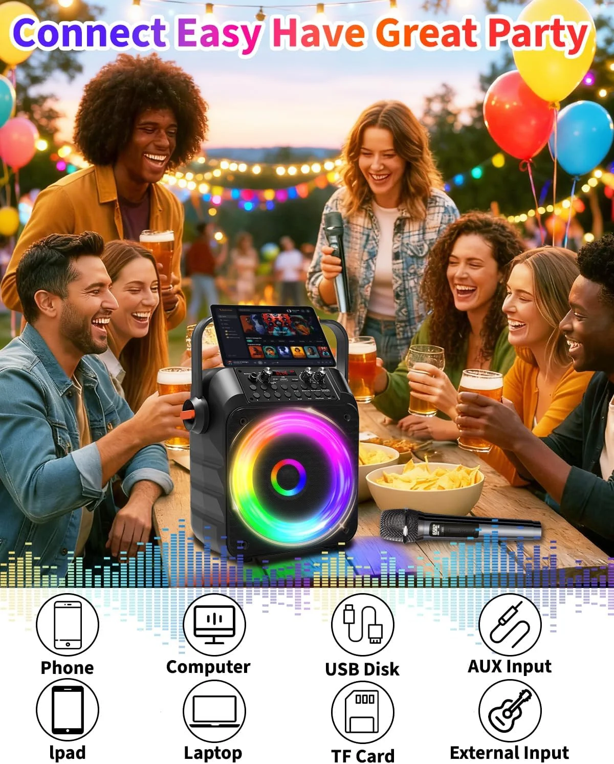 دستگاه کارائوکه امیو با 2 میکروفون - اسپیکر قابل حمل با سیستم PA، پشتیبانی از TWS/FM/AUX/USB/TF/REC برای مهمانی، تولد، خانه (نارنجی)