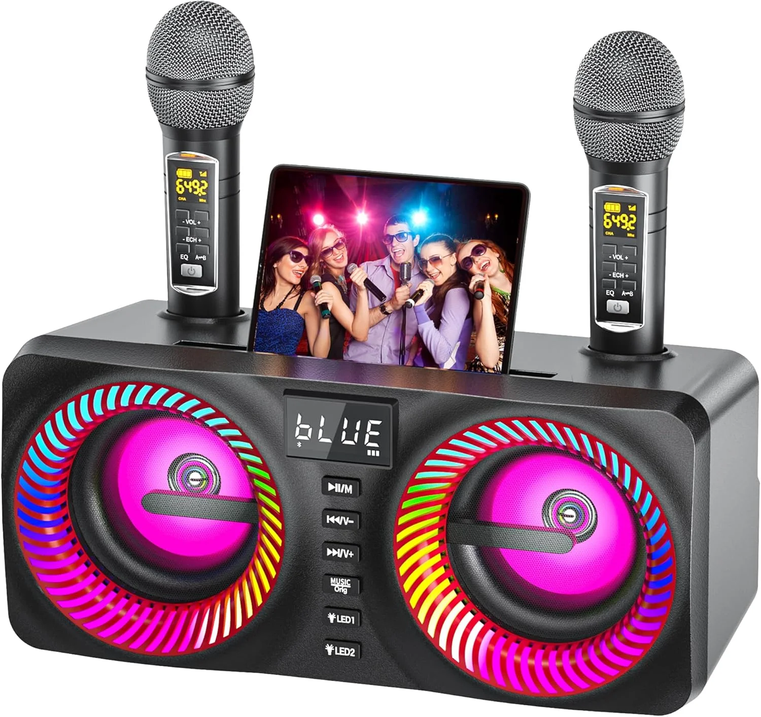 سیستم کارائوکه قابل حمل، بلندگوی صوتی 30 واتی با 2 میکروفون بی سیم UHF و درگاه شارژ، کارائوکه کامل برای دورهمی دوستانه در خانه