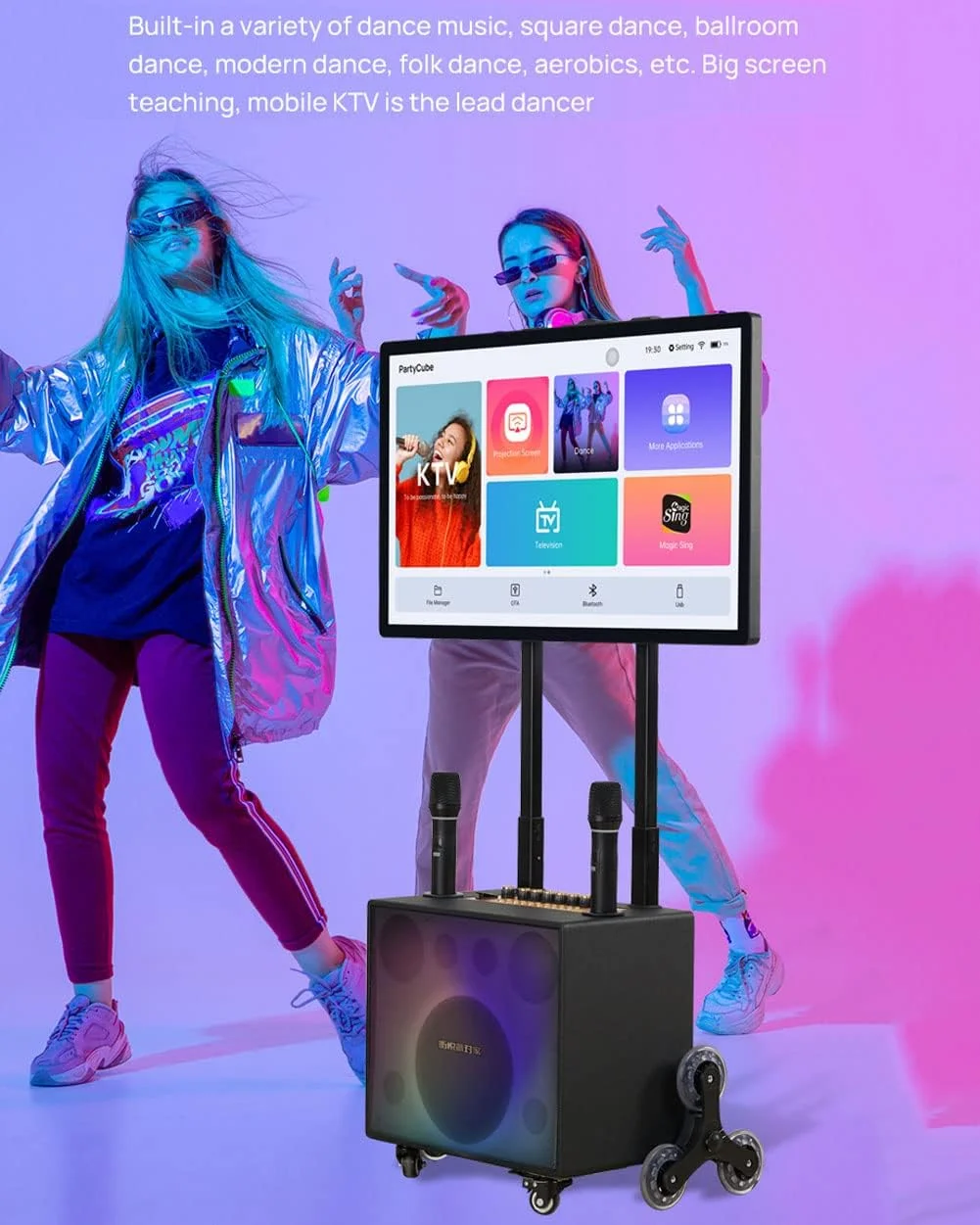 دستگاه کارائوکه قابل حمل برای بزرگسالان و کودکان، سیستم کامل کارائوکه شامل بلندگوهای بلوتوثی چرخ دار، 2 میکروفون بلوتوثی، توپ دیسکو، چراغ بلندگو LED، پایه تلفن همراه