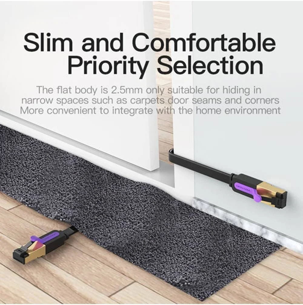 کابل شبکه تخت Vention Cat.7، پهنای باند پایدار 600 مگاهرتز، سرعت بالا 10 گیگابیت بر ثانیه، اثر محافظ عالی، رابط روکش طلا، 5 متر، مشکی | ICABJ