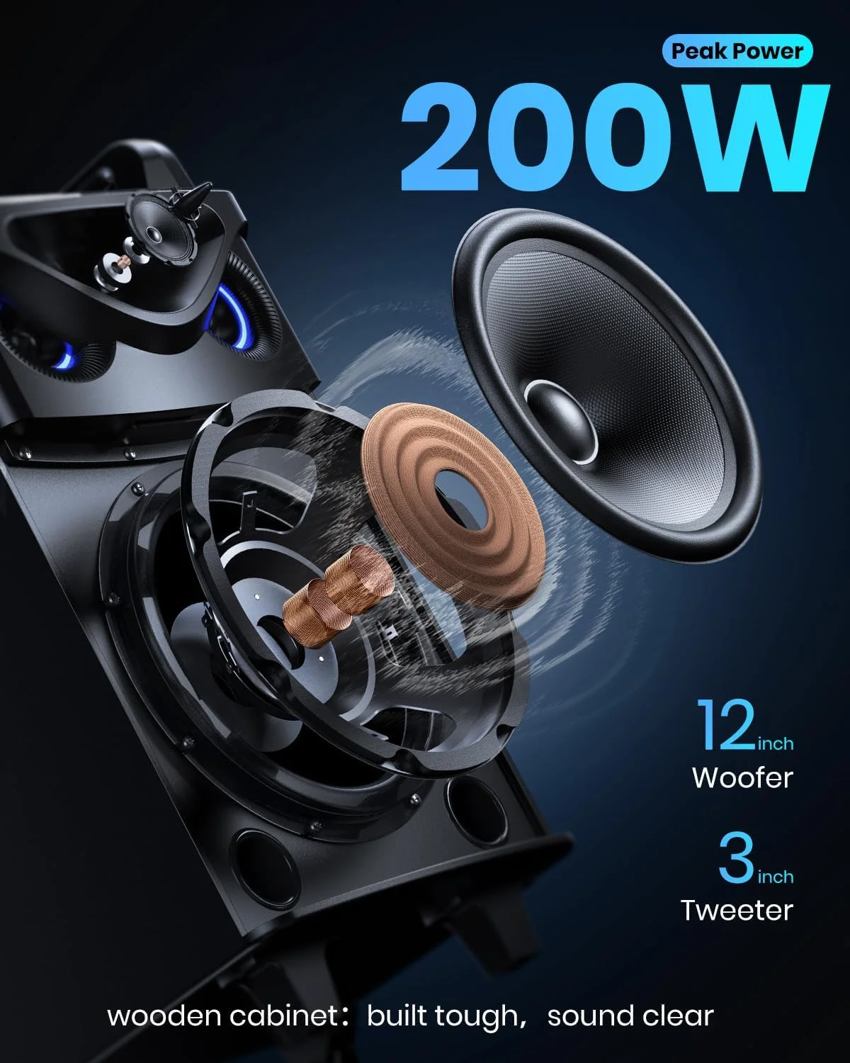 دستگاه کارائوکه Moukey، سیستم PA ووفر 12 اینچی، بلندگوی بلوتوث قابل حمل با 2 میکروفون بی سیم، چراغ های مهمانی و تنظیم اکو/زیر و بم/بم، پشتیبانی از TWS/REC/AUX IN/MP3/USB/TF/FM - MTs12-1