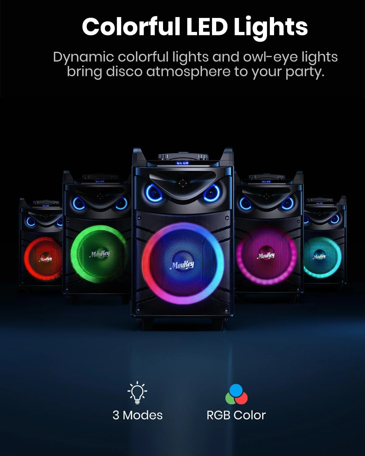 دستگاه کارائوکه Moukey، سیستم PA ووفر 12 اینچی، بلندگوی بلوتوث قابل حمل با 2 میکروفون بی سیم، چراغ های مهمانی و تنظیم اکو/زیر و بم/بم، پشتیبانی از TWS/REC/AUX IN/MP3/USB/TF/FM - MTs12-1