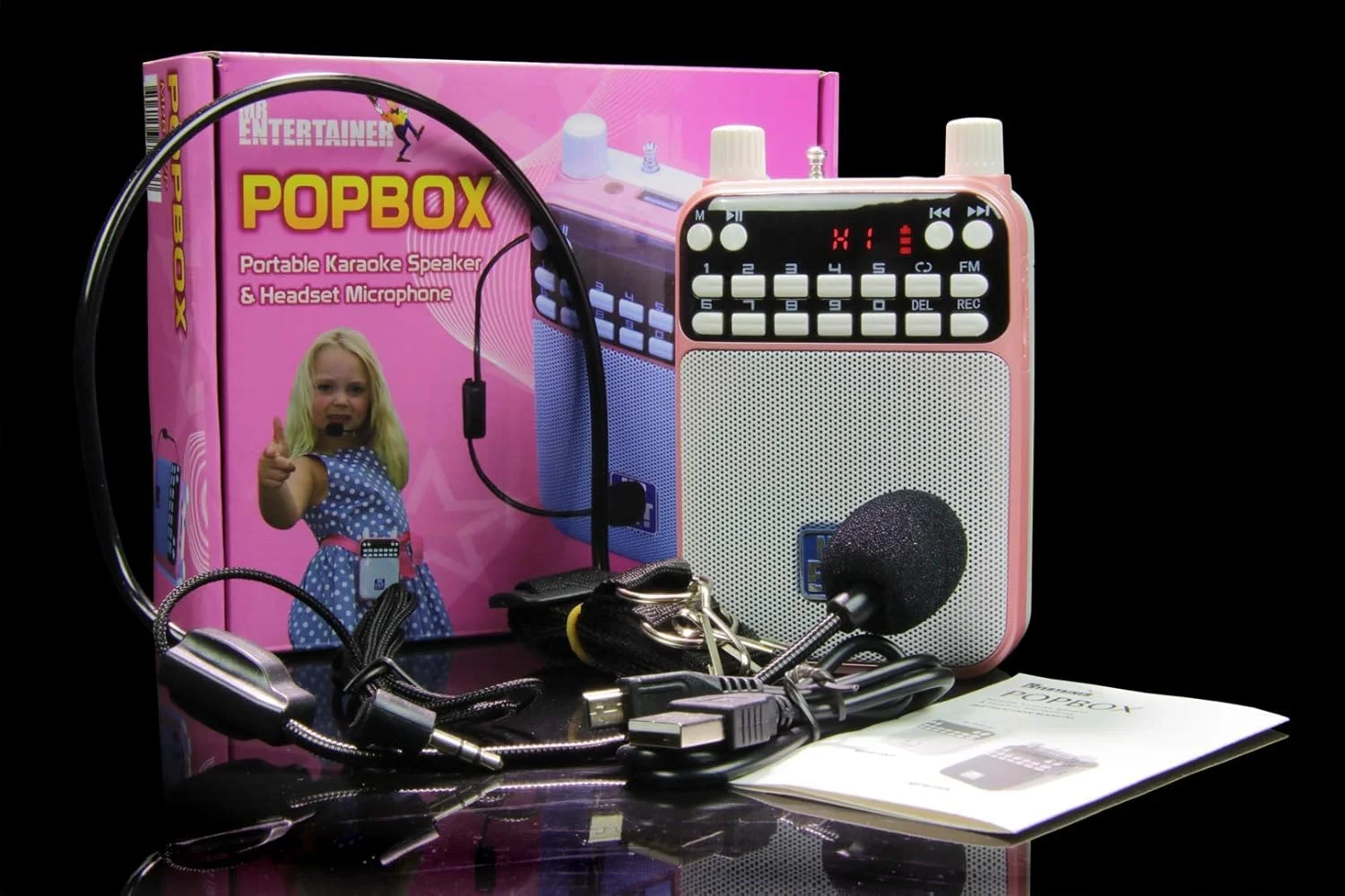 اسپیکر کارائوکه قابل حمل آقای سرگرم کننده مدل Popbox (صورتی)، تقویت کننده صدا و میکروفون هدست. دستگاه کارائوکه کودکان که با هر تلفن هوشمند، آیپد یا تبلت کار می کند.