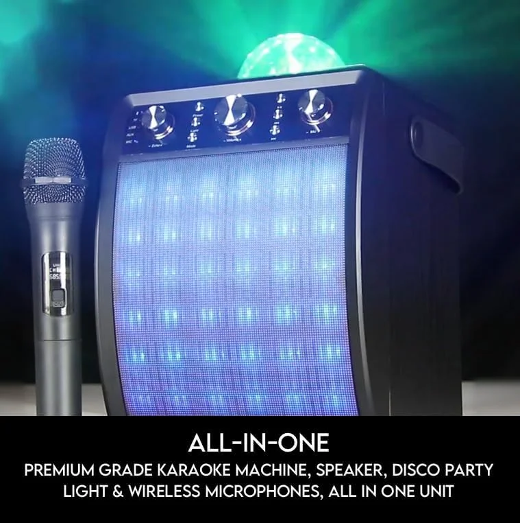 دستگاه کارائوکه قابل حمل و اسپیکر به همراه میکروفون بی سیم و نور مهمانی دیسکو مدل MoonboX (همراه با 1 میکروفون بی سیم)