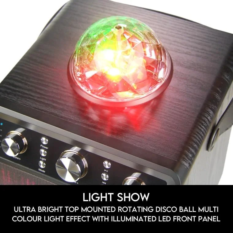 دستگاه کارائوکه قابل حمل و اسپیکر Mr Entertainer به همراه میکروفون بی سیم و نور مهمانی دیسکو. MoonboX (2 عدد میکروفون بی سیم)