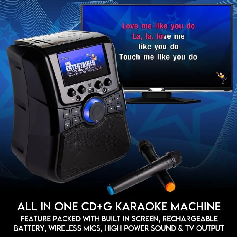 دستگاه کارائوکه قابل حمل Mr Entertainer's Karaoke Collection Megabox با صفحه نمایش. CDG/DVD/MP3G/USB. شامل بسته مهمانی خانوادگی 200 آهنگ و 2 میکروفون