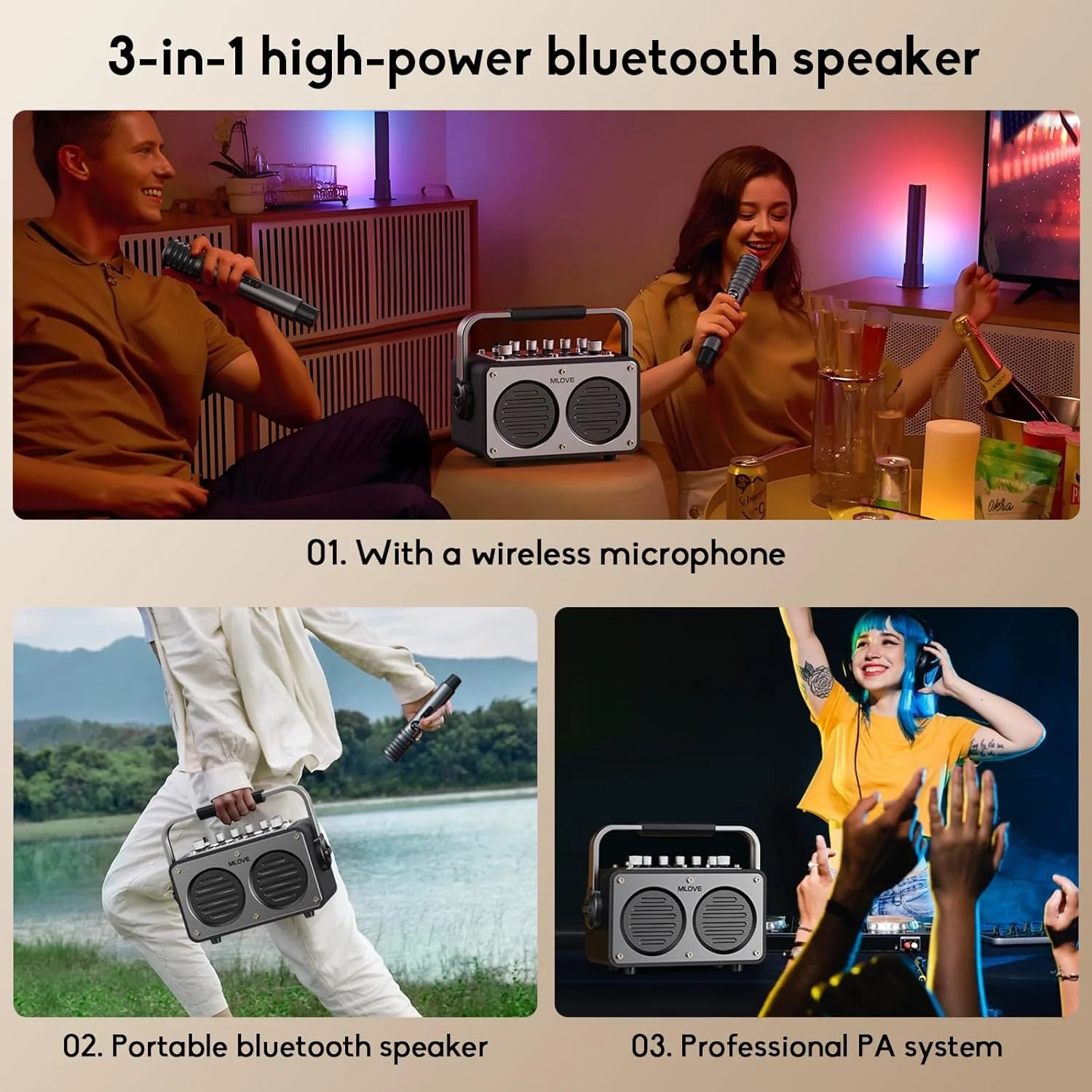 اسپیکر کارائوکه Mlove به همراه 2 میکروفون بی سیم، مشکی