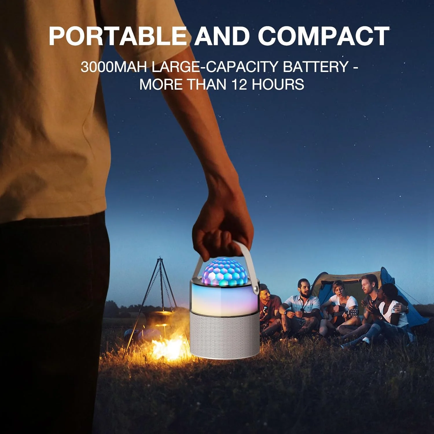 اسپیکر بلوتوثی کوچک، اسپیکر بی‌سیم قابل حمل با 2 میکروفون بی‌سیم برای بزرگسالان و کودکان، چراغ‌های دیسکو LED برای مسافرت، مهمانی‌های خانگی (سفید)