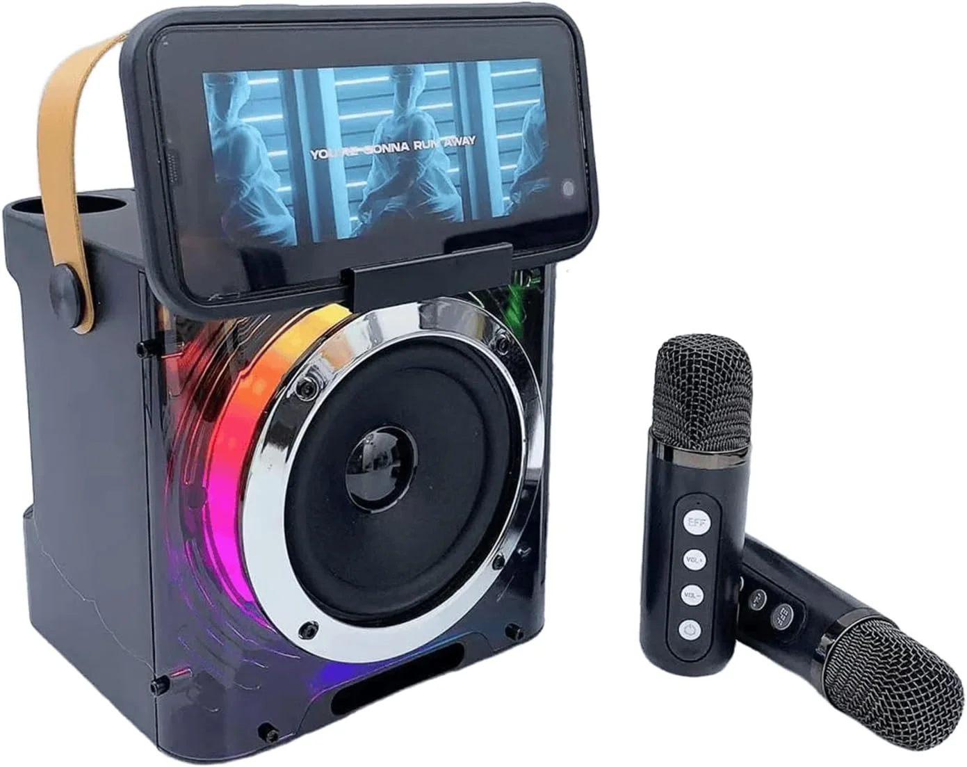 دستگاه کارائوکه با 2 میکروفون، بلندگوی کارائوکه 2 میکروفون بی سیم برای کودکان و بزرگسالان، بلندگوی مهمانی بلوتوث قابل حمل با چراغ های LED برای گردهمایی های خانوادگی/کمپینگ در فضای باز